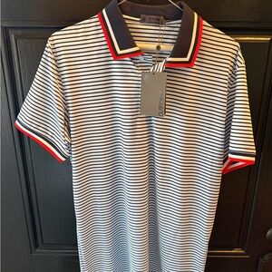 G/FORE Navy and White Striped Polo with Red Trim